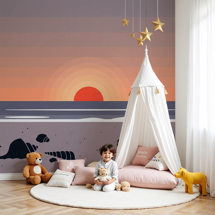 Papel pintado infantil | Puesta de sol en la playa con conchas