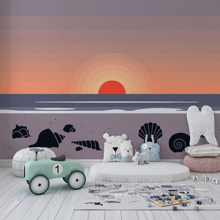 Papel pintado infantil | Puesta de sol en la playa con conchas