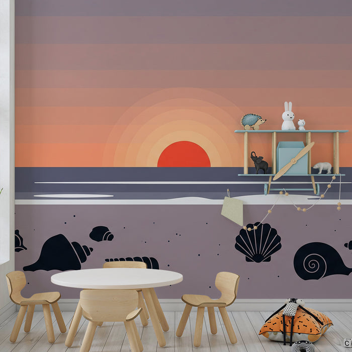 Papel pintado infantil | Puesta de sol en la playa con conchas