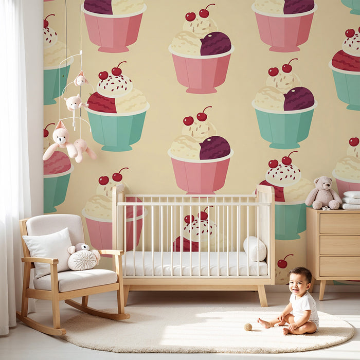Kids' Room Wallpaper | Colorful Ice Cream Scoops with Cherries on a Soft Background