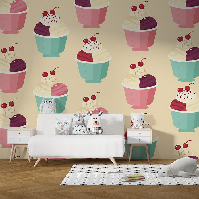 Kids' Room Wallpaper | Colorful Ice Cream Scoops with Cherries on a Soft Background