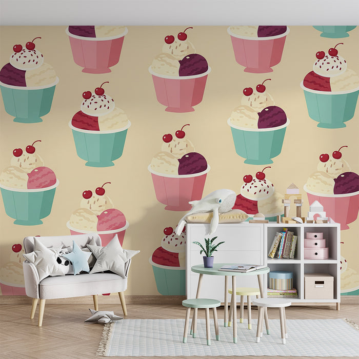 Kids' Room Wallpaper | Colorful Ice Cream Scoops with Cherries on a Soft Background