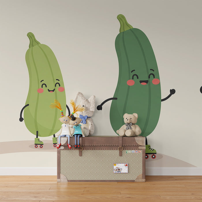 Behang voor kinderkamer | Grappige rolschaatsende courgettes en fotograaf