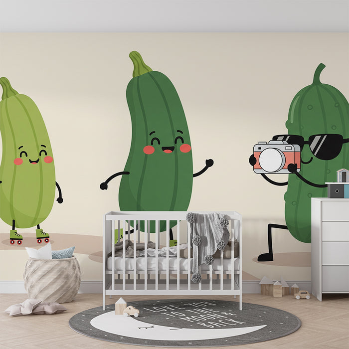 Behang voor kinderkamer | Grappige rolschaatsende courgettes en fotograaf