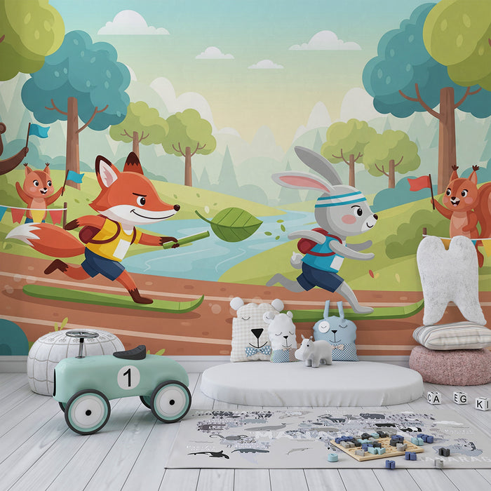 Kinderzimmer Tapete | Lustiges Waldrennen der Tiere