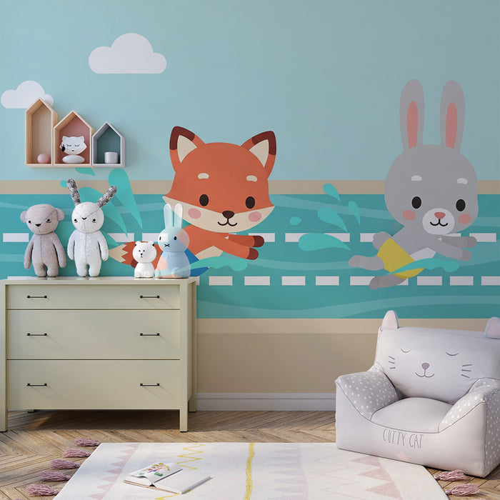 Χαρτί τοίχου παιδικού δωματίου | Υδάτινη διαδρομή μεταξύ ενός αλεπού και ενός κουνελιού