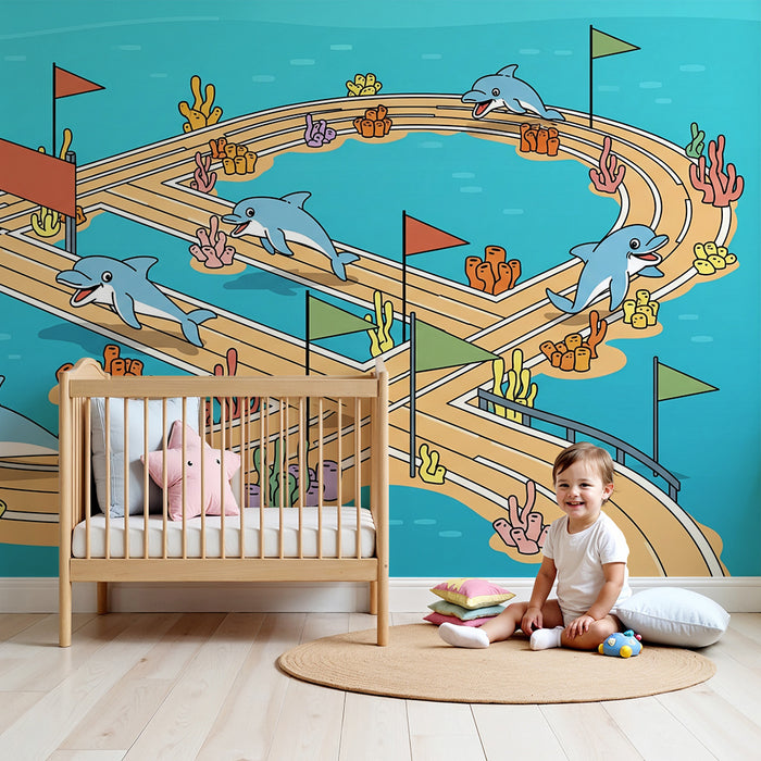 Papier peint chambre enfant | Course de dauphins dans un océan coloré