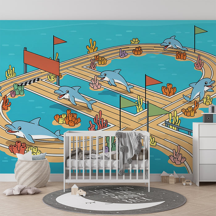 Papier peint chambre enfant | Course de dauphins dans un océan coloré