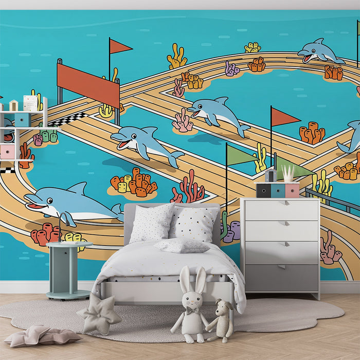 Papier peint chambre enfant | Course de dauphins dans un océan coloré