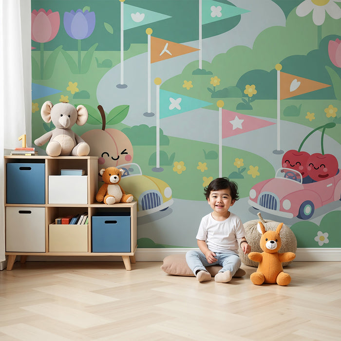 Kinderzimmer Tapete | Fröhliches Obstrennen im bunten Garten