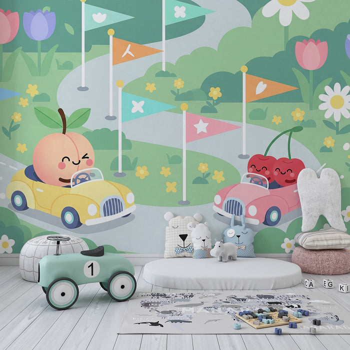 Kinderzimmer Tapete | Fröhliches Obstrennen im bunten Garten