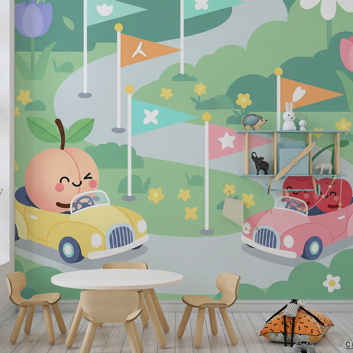Kinderzimmer Tapete | Fröhliches Obstrennen im bunten Garten