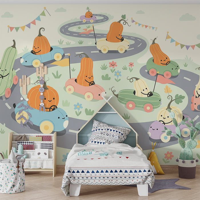 Papel pintado infantil | Una alegre carrera de verduras en un circuito de colores