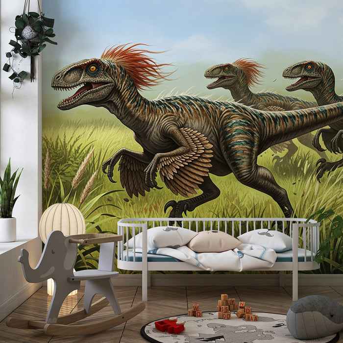 Gyerekszoba tapéta | Vélociraptor verseny egy ősi réten
