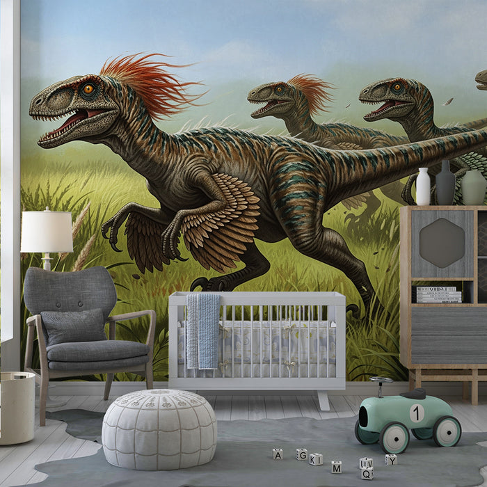 Gyerekszoba tapéta | Vélociraptor verseny egy ősi réten