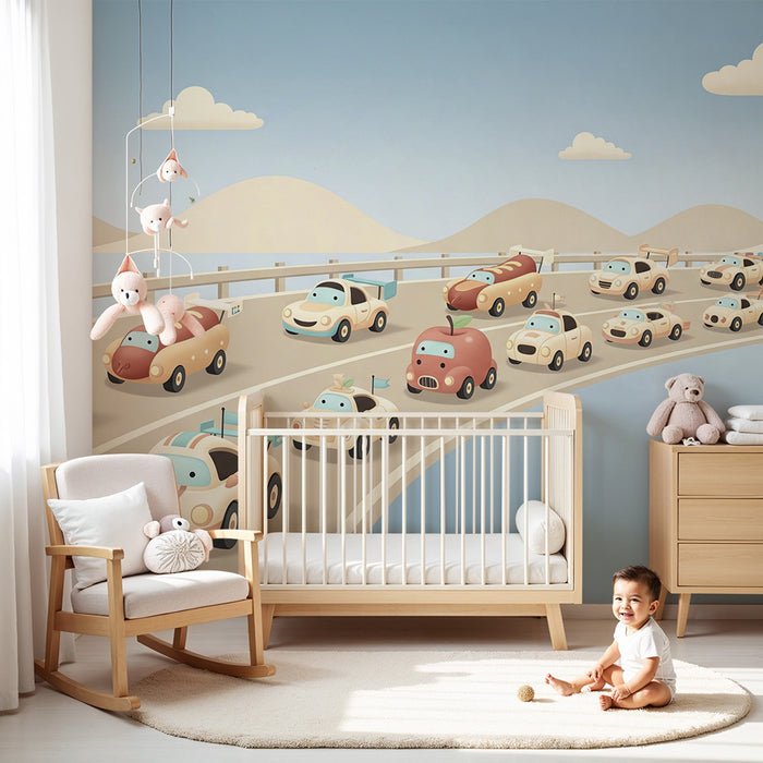 Papier peint chambre enfant | Course de voitures amusantes sur route ensoleillée