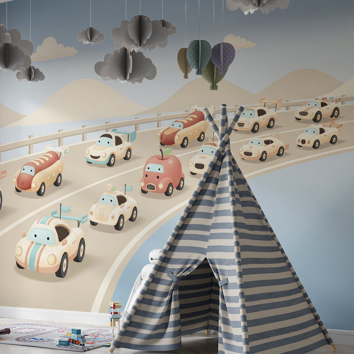 Papier peint chambre enfant | Course de voitures amusantes sur route ensoleillée