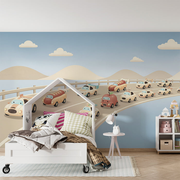 Papier peint chambre enfant | Course de voitures amusantes sur route ensoleillée