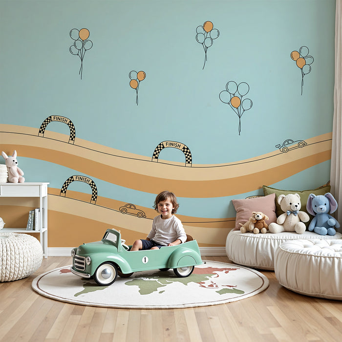 Carta da parati per camera bambini | Corsa di macchine con palloncini colorati
