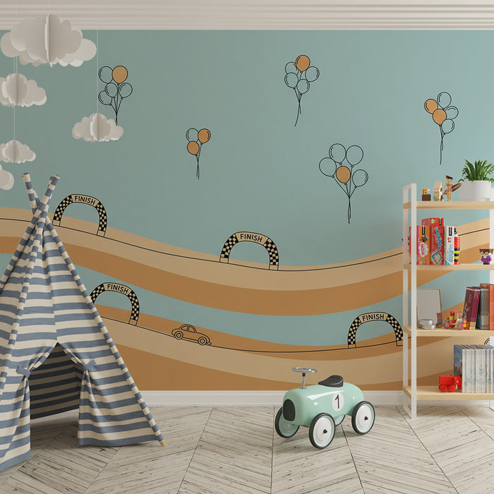 Carta da parati per camera bambini | Corsa di macchine con palloncini colorati