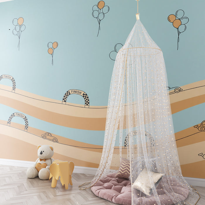 Carta da parati per camera bambini | Corsa di macchine con palloncini colorati