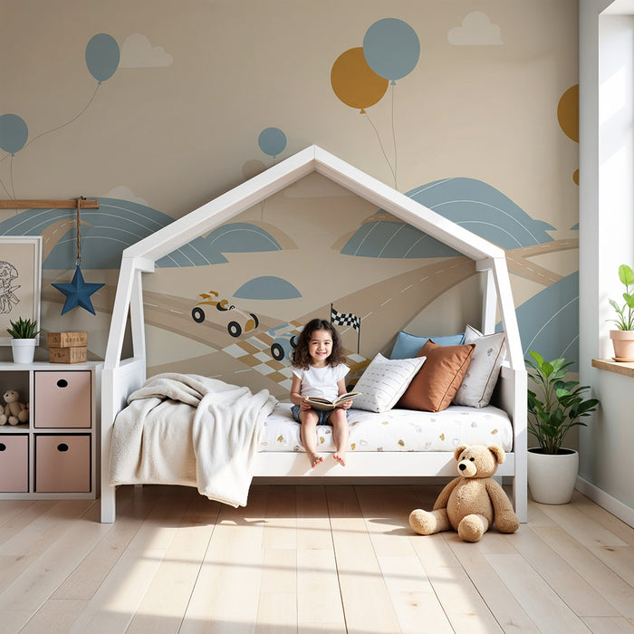 Papier peint chambre enfant | Course de voitures colorées sur des collines douces