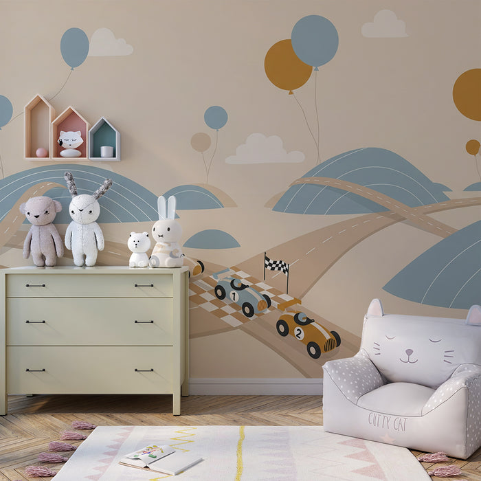 Papier peint chambre enfant | Course de voitures colorées sur des collines douces