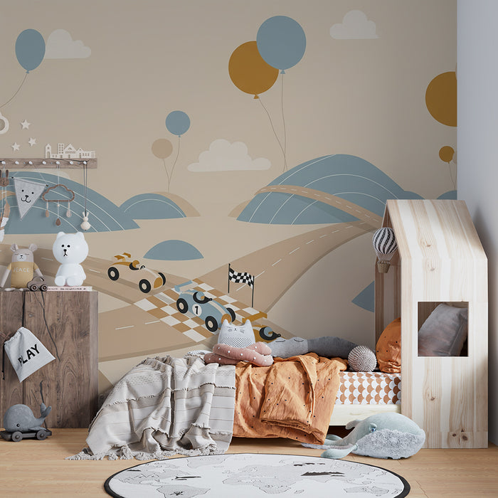 Papier peint chambre enfant | Course de voitures colorées sur des collines douces