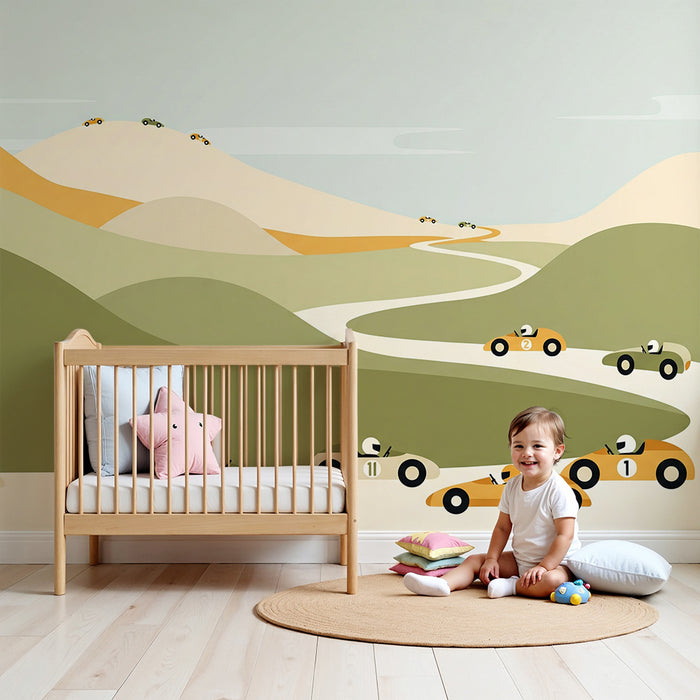 Papier peint chambre enfant | Course de voitures colorées sur des collines douces