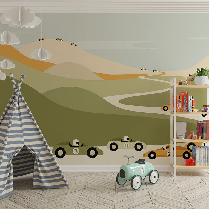 Papier peint chambre enfant | Course de voitures colorées sur des collines douces