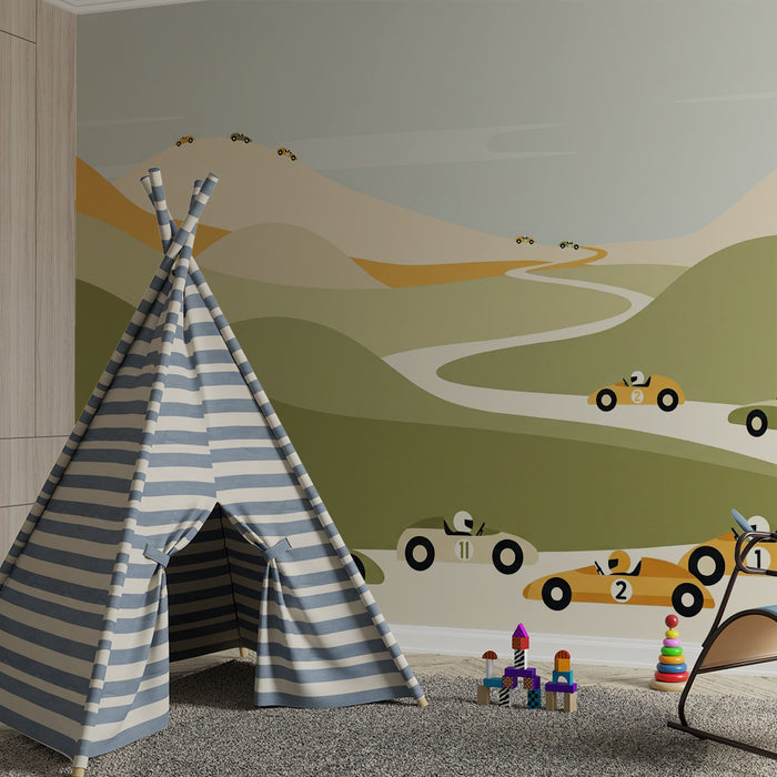 Papier peint chambre enfant | Course de voitures colorées sur des collines douces
