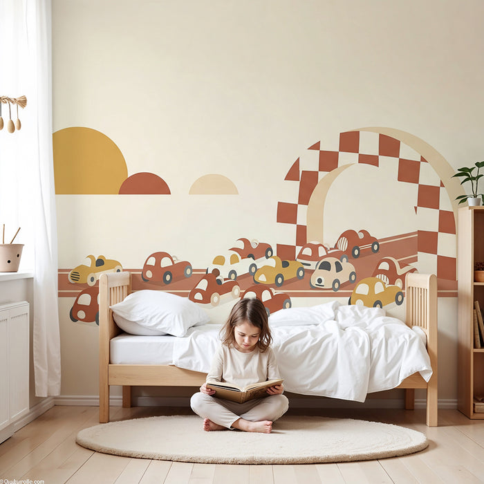 Papier peint chambre enfant | Course de voitures colorées sur fond doux