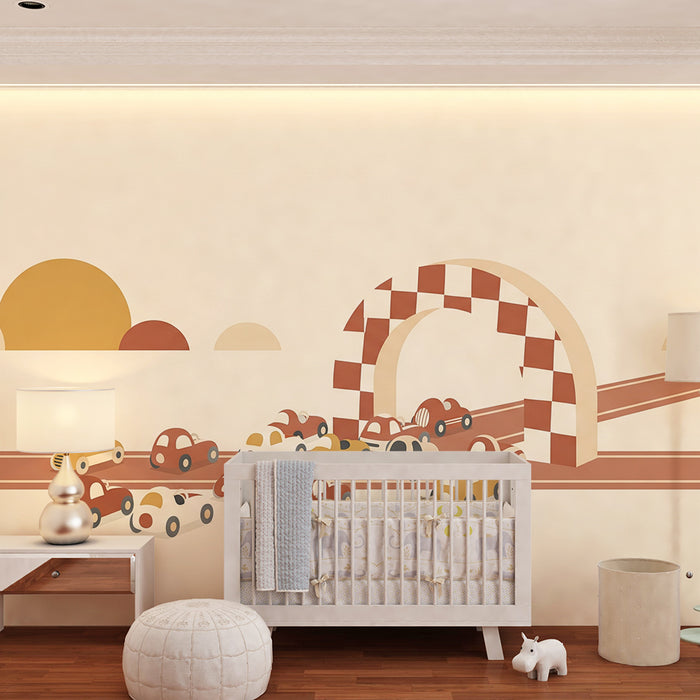 Papier peint chambre enfant | Course de voitures colorées sur fond doux