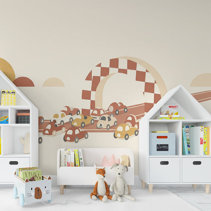 Papier peint chambre enfant | Course de voitures colorées sur fond doux