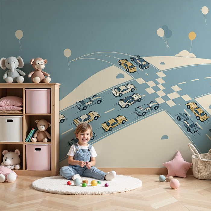 Papier peint chambre enfant | Course de voitures colorées sur un fond apaisant