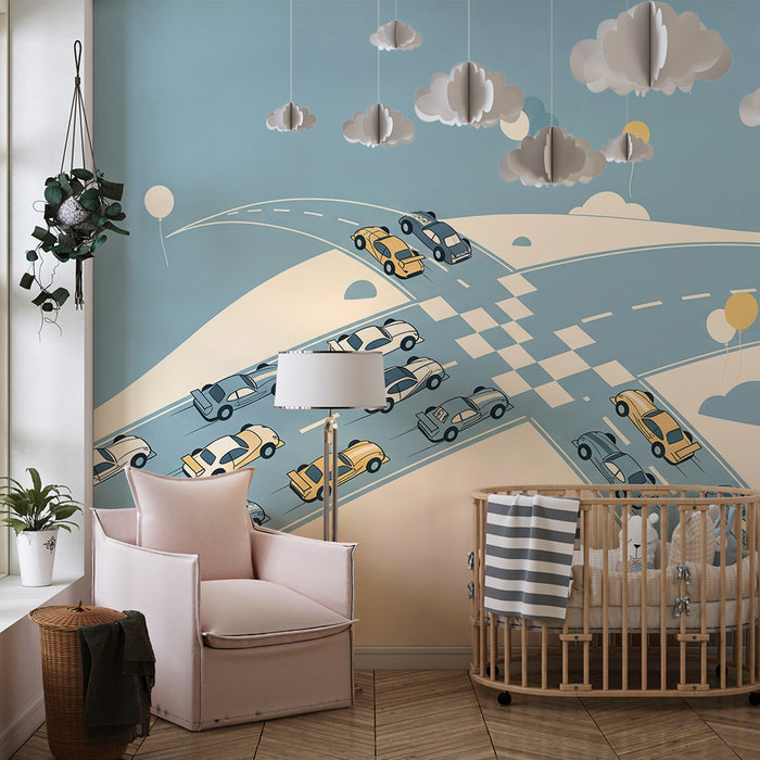 Papier peint chambre enfant | Course de voitures colorées sur un fond apaisant
