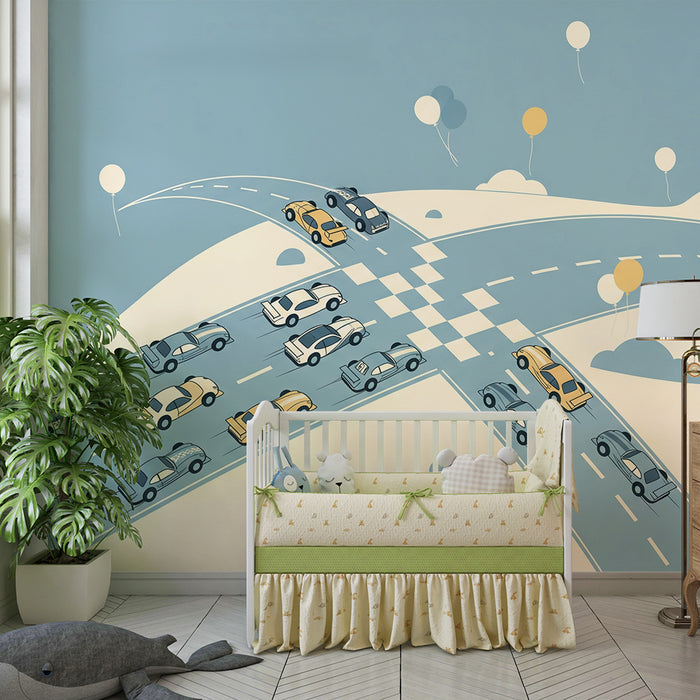 Papier peint chambre enfant | Course de voitures colorées sur un fond apaisant