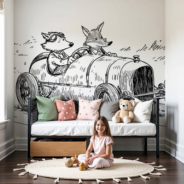 Carta da parati bambini | Corso allegro con animali in macchina