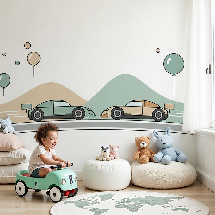 Papier peint chambre enfant | Courses de voitures colorées avec ballons et collines