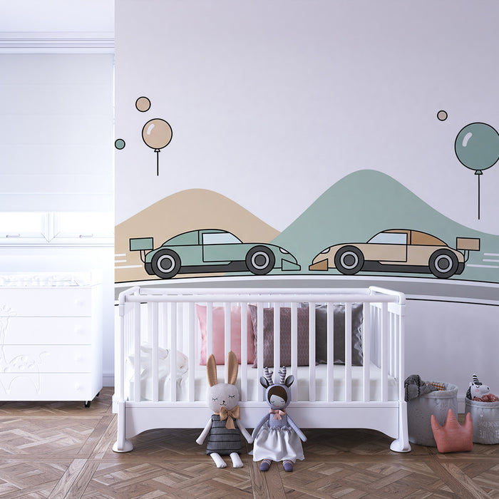 Papier peint chambre enfant | Courses de voitures colorées avec ballons et collines