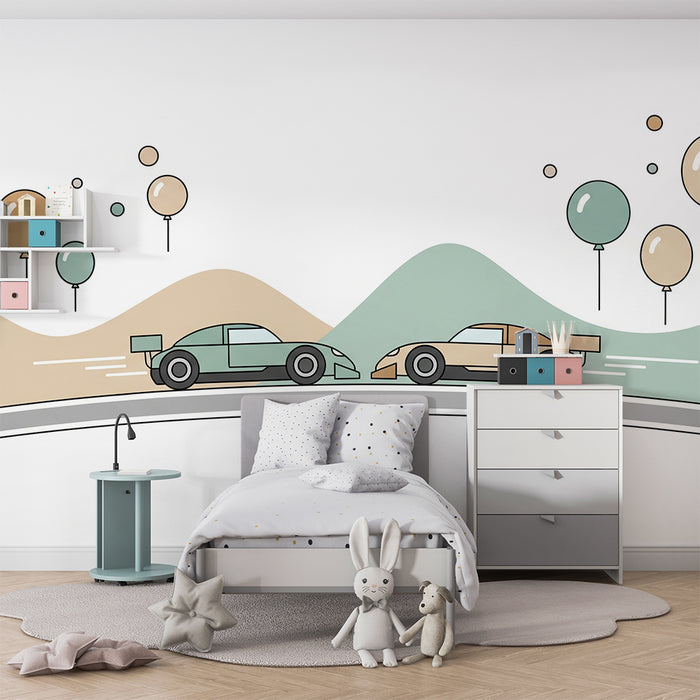 Papier peint chambre enfant | Courses de voitures colorées avec ballons et collines