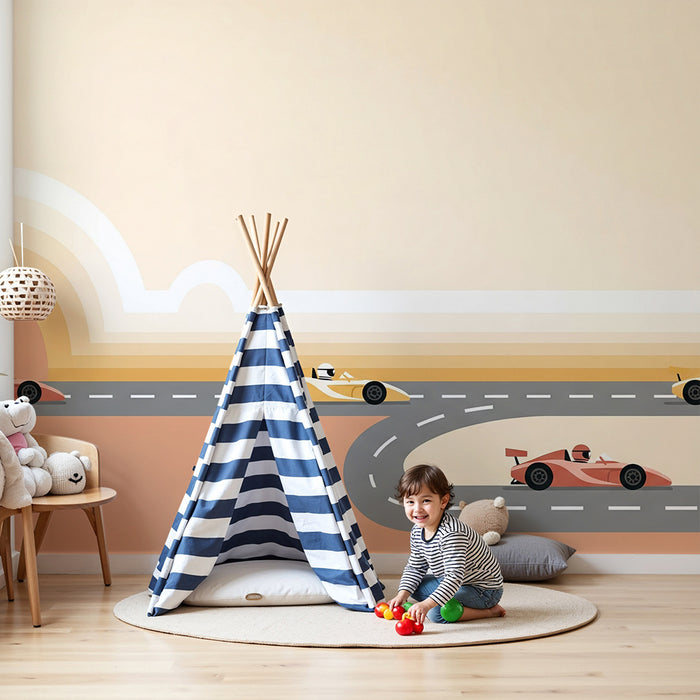 Papier peint chambre enfant | Courses de voitures colorées sur une route stylisée