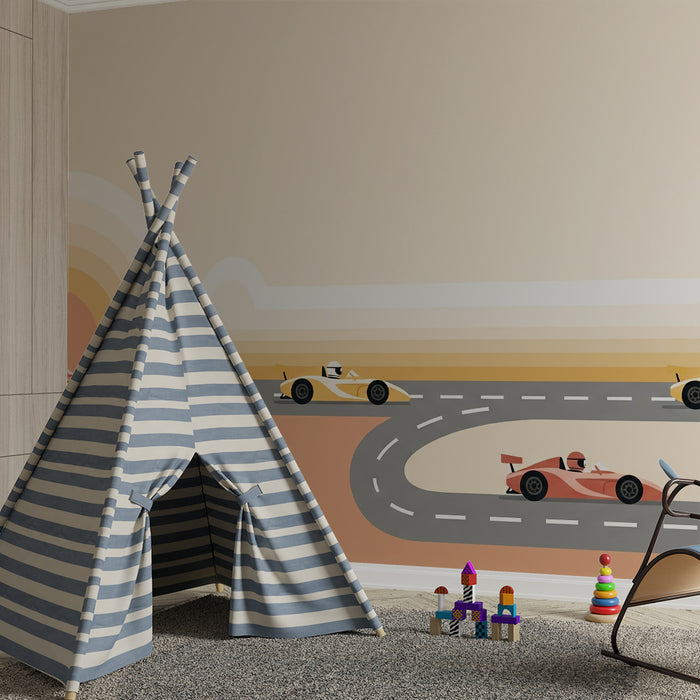 Papier peint chambre enfant | Courses de voitures colorées sur une route stylisée