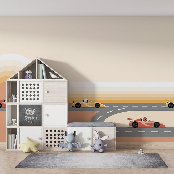 Papier peint chambre enfant | Courses de voitures colorées sur une route stylisée