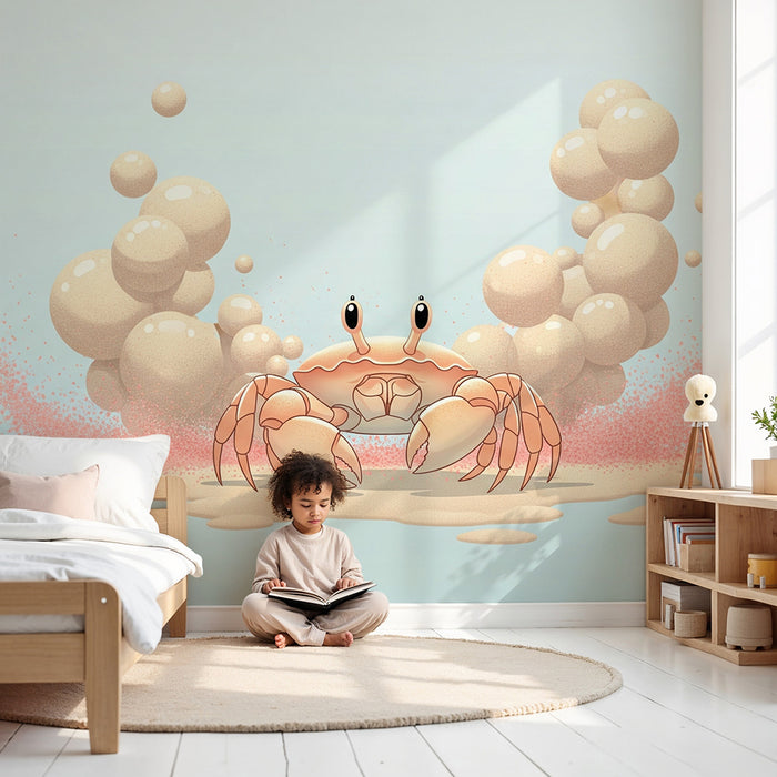 Kinderzimmer Tapete | Lustige Krabbe umgeben von Blasen und Sand