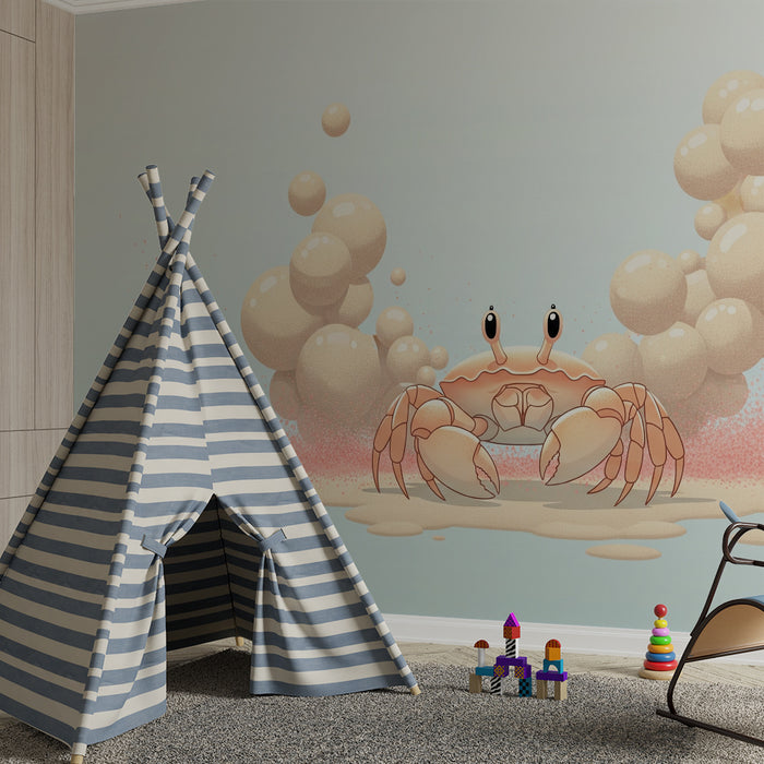 Kinderzimmer Tapete | Lustige Krabbe umgeben von Blasen und Sand