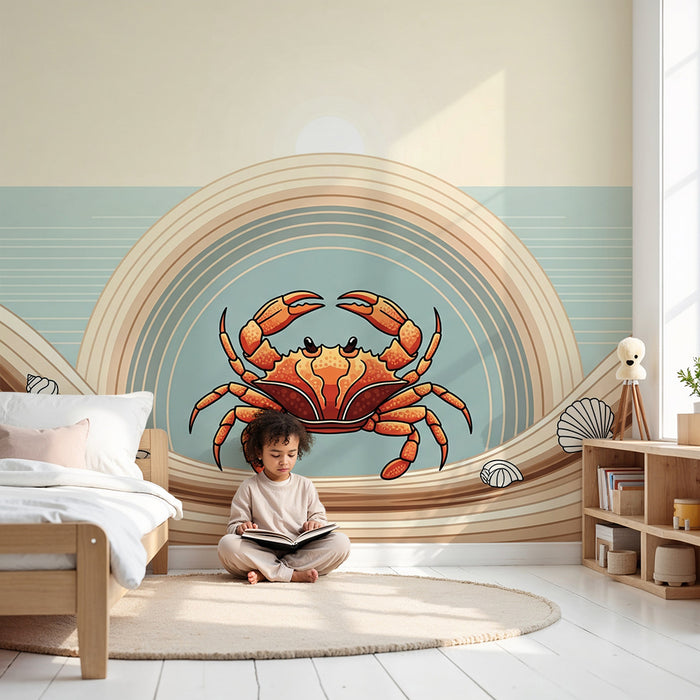 Behang kinderkamer | Kleurrijke krab op zeebodem met schelpen