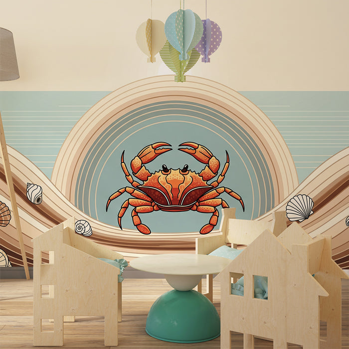 Behang kinderkamer | Kleurrijke krab op zeebodem met schelpen