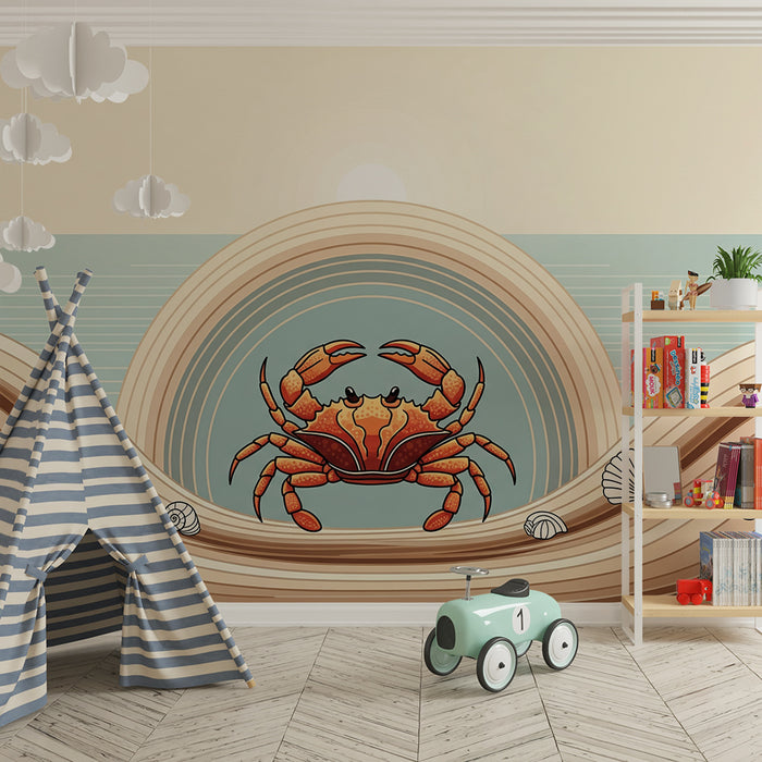 Behang kinderkamer | Kleurrijke krab op zeebodem met schelpen
