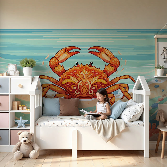 Behang kinderkamer | Kleurrijke krab op zeebodem met koralen en golven